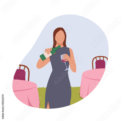 Female character manufacturing organic wine. Woman pours red wine into glass. Tasting tour. Glass of aperitif before dinner. Checking quality of drink
