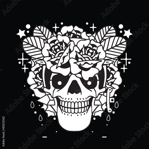 knife biting skull and rose flower vector design illustration for t-shirt