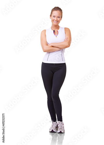 Happy woman, portrait and fitness with arms crossed in confidence isolated on a transparent PNG background. Smile, female person and model in sportswear ready for workout, exercise and healthy body