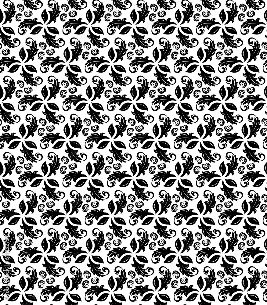 Black and white ornament. Seamless abstract classic background with leaves. Pattern with repeating floral elements. Ornament for fabric, wallpaper and packaging