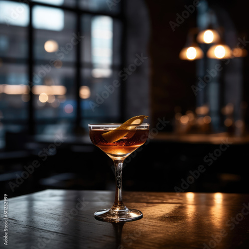 Single delicious Cocktail in top of a wooden table in a bar, dimly lit and bokeh background. Generative AI