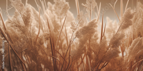 Landscape with dry reeds, beige cane, pampas grass. Macro Shoot. Nature, herbal background. Boho design. Generative ai