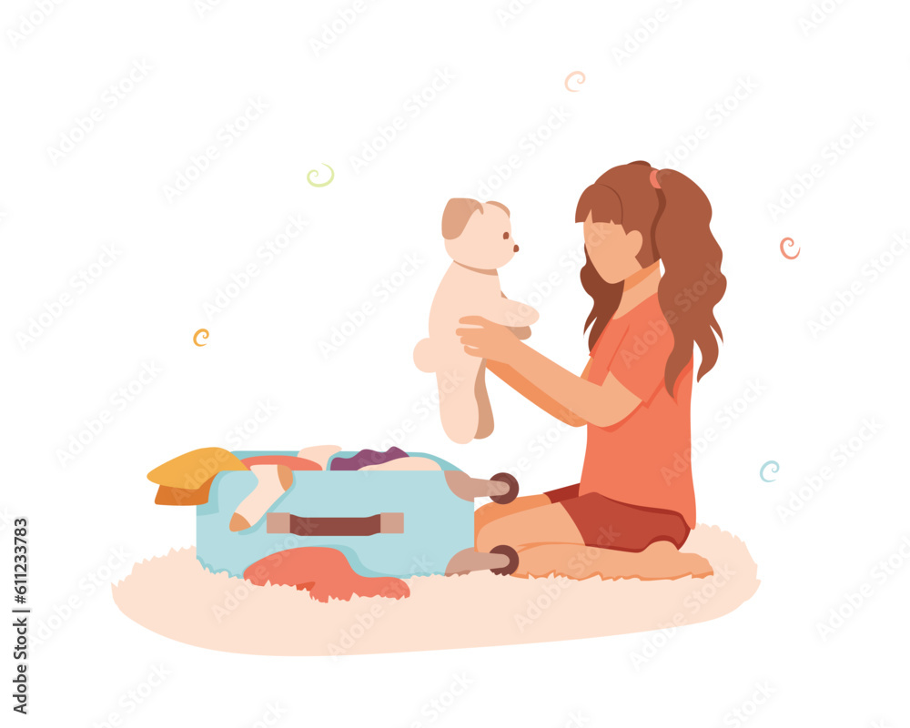 Girl choosing clothes for voyage, preparing toys, clothes for vacation. Child wants to take dog on trip. Traveling with pet. Mess in suitcase. Color vector illustration in flat style Girl choosing clothes for voyage, preparing toys, clothes for vacation. Child wants to take dog on trip. Traveling with pet. Mess in suitcase. Color vector illustration in flat style