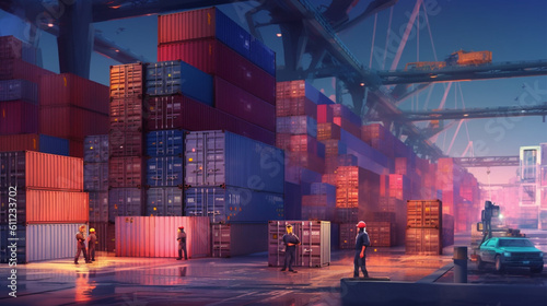 Professional worker control and check stock inventory by container in global network of port warehouse, Partnership, Teamwork, Distribution center Transport and Logistics with high detail