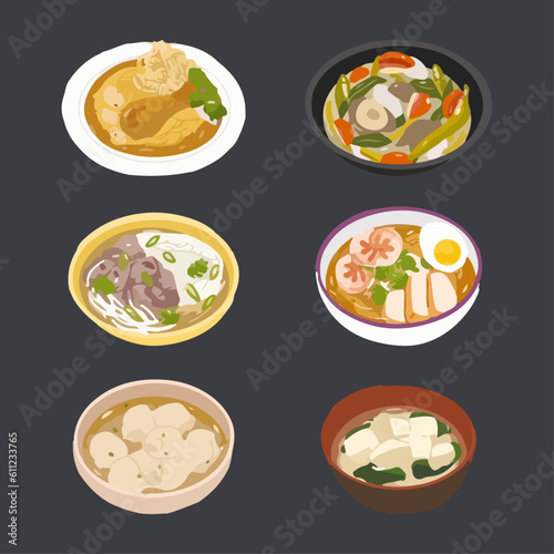 Different Soups in Asia. Hand Drawn Watercolor Vector Illustration