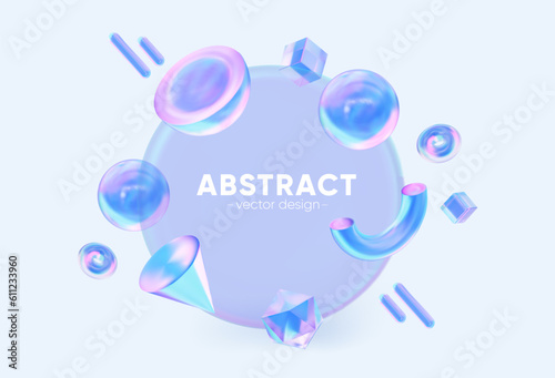 3d object shapes of circle, crystal, cube and other shapes. Banner template for social networks, web manner.