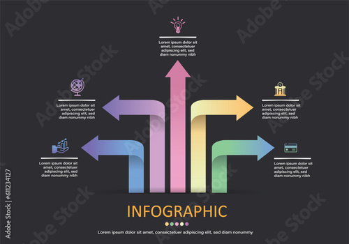 5 arrows infographic vector with different colors showing direction or trend placed on black gray background for use in teaching materials with finance, education, management, planning work direction.