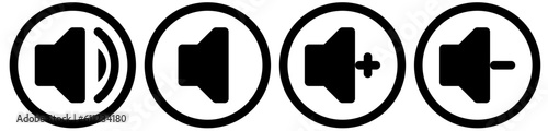 Speaker icon set, set of megaphone, add volume, lower volume and silent icon