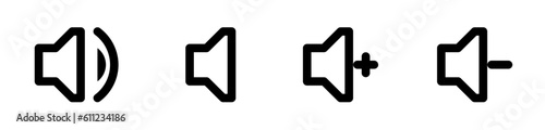 Speaker icon set, set of megaphone, add volume, lower volume and silent icon