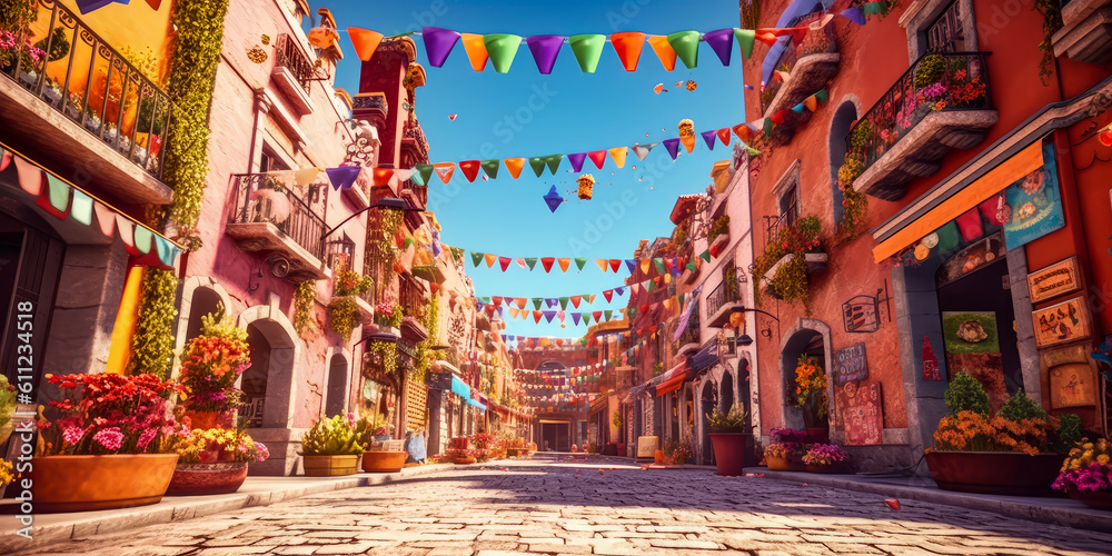 colorful city street with flags flowers and balloons, generative ai