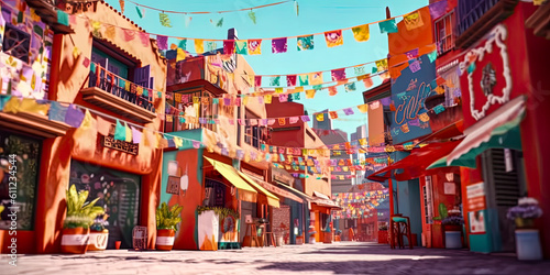 Valokuvatapetti colorful city street with flags flowers and balloons, generative ai
