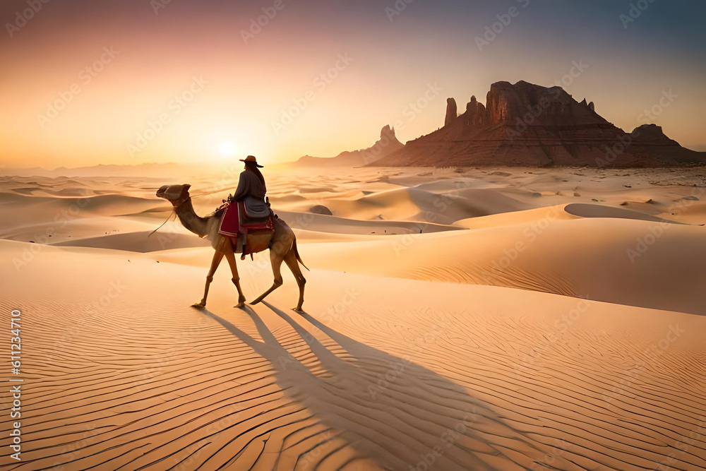 a camel ridden by someone is traveling in the middle of the desert a camel ridden by someone is traveling in the middle of the desert