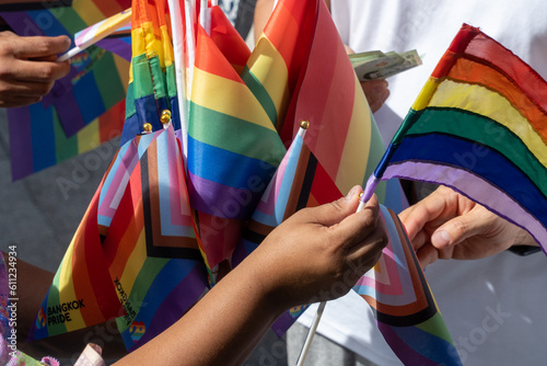 BANGKOK, THAILAND  - JUN 4, 2023. Pride Month’s colorful LGBTQ+ flag parade in the central business district in Bangkok, Thailand.