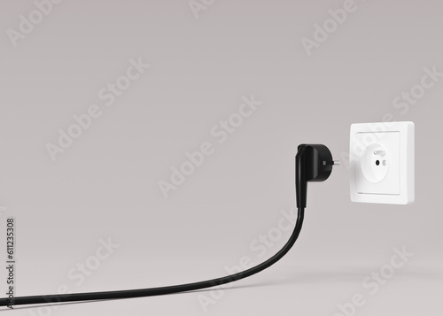 Black electrical plug and electric socket. Ready to connect. Free, copy space for your text, advertising. Save electricity, electricity is getting more expensive. 3d rendering.