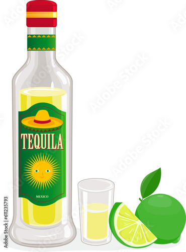 Mexican bottle of tequila, tequila shot and sliced lime. Vector illustration