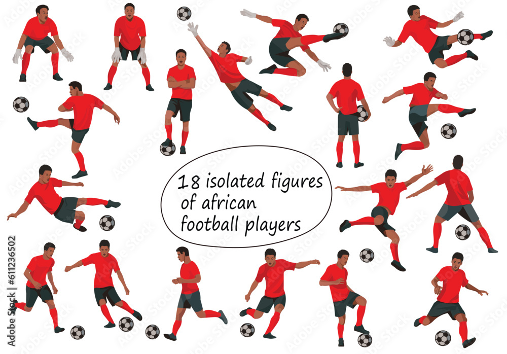 Vector isolated figures of african football team players in various poses in red sports equipment