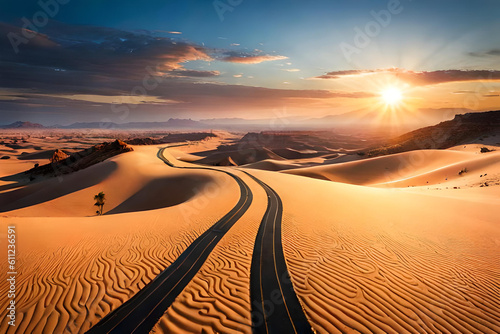 sunset in the desert with a long paved road