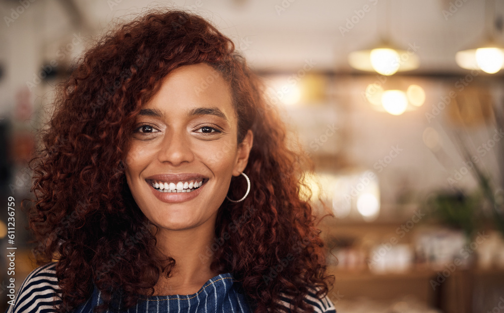 Happy, coffee shop and portrait of African woman in cafe for service, working and bistro startup. Small business owner, restaurant manager and face of female waiter smile in cafeteria ready to serve Happy, coffee shop and portrait of African woman in cafe for service, working and bistro startup. Small business owner, restaurant manager and face of female waiter smile in cafeteria ready to serve