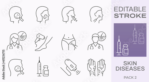 Skin diseases icons.  Editable stroke.