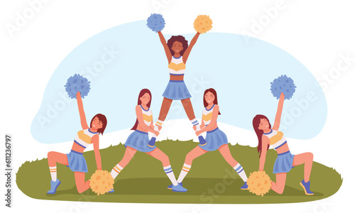 Cheerleading squad showing stunt on football field. Group of smiling happy athletic girls dressed in costumes performing pyramid on grass. Vector illustration