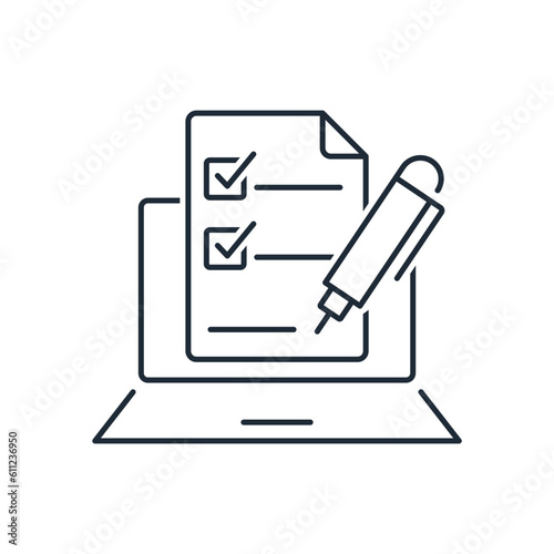 Filling out the document form, online application. Vector linear icon isolated on white background.