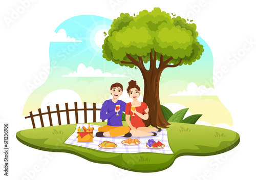 Picnic Outdoors Vector Illustration of People Sitting on a Green Grass in Nature on Summer Holiday Vacations in Flat Cartoon Hand Drawn Templates