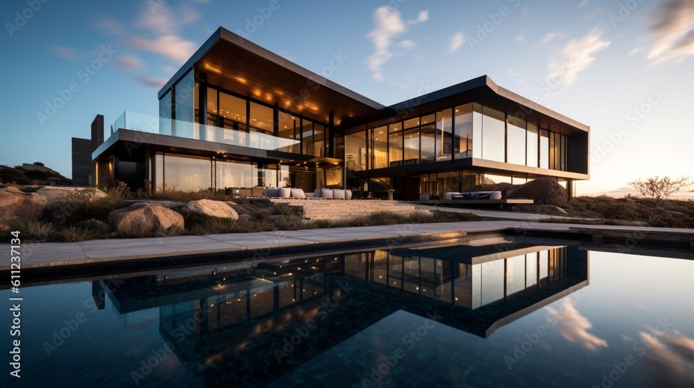 Fototapeta premium Luxurious Modern Dream Home Showcasing Sleek Minimalist Architecture and Breathtaking Landscape in High-Quality Architectural Photography 