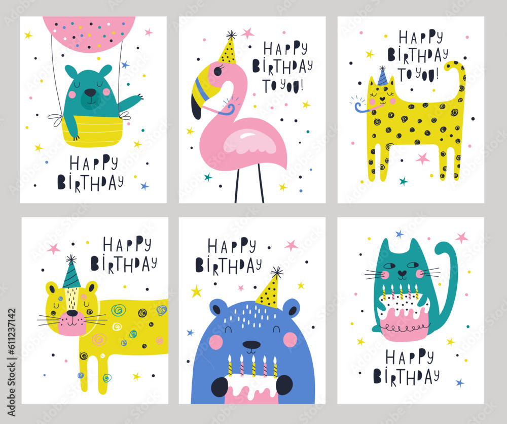 Happy birthday cards set with animals. Vector illustrations