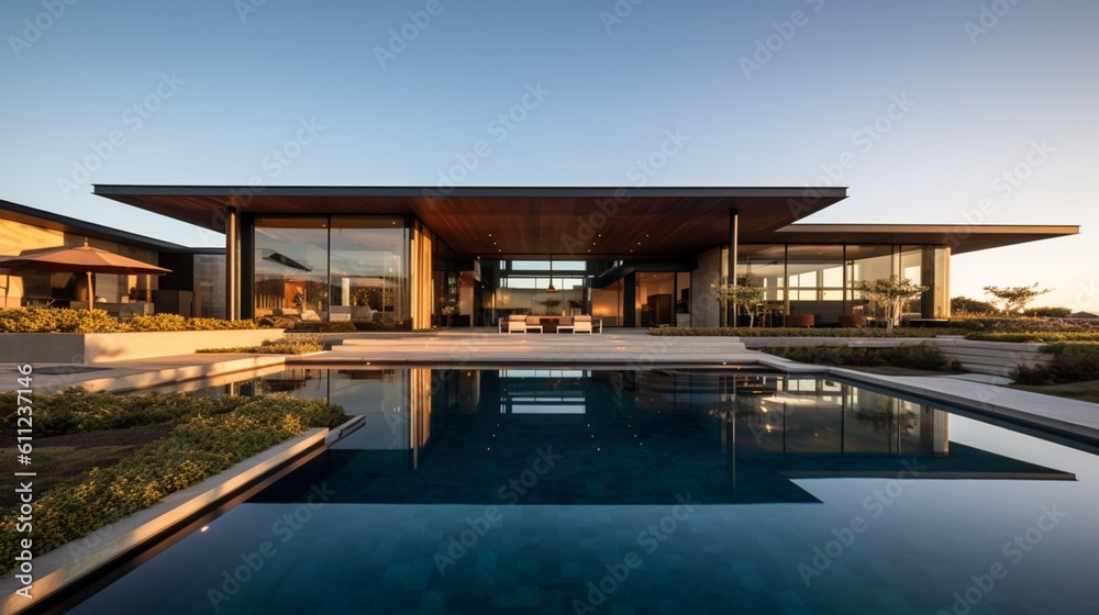 Fototapeta premium Luxurious Modern Dream Home Showcasing Sleek Minimalist Architecture and Breathtaking Landscape in High-Quality Architectural Photography