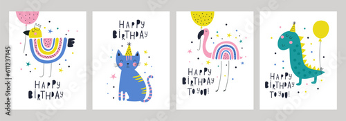 Happy birthday cards set with animals. Vector illustrations