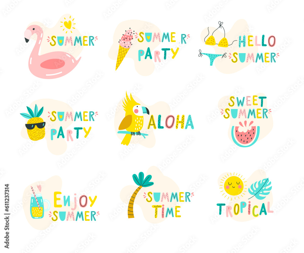 Summer Set of hand drawn lettering phrases.  Design element for poster, greeting card. Vector illustration
