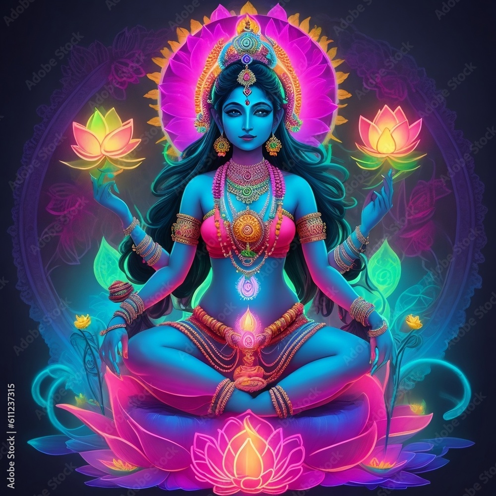 Hindu goddess with lotus in Neon color