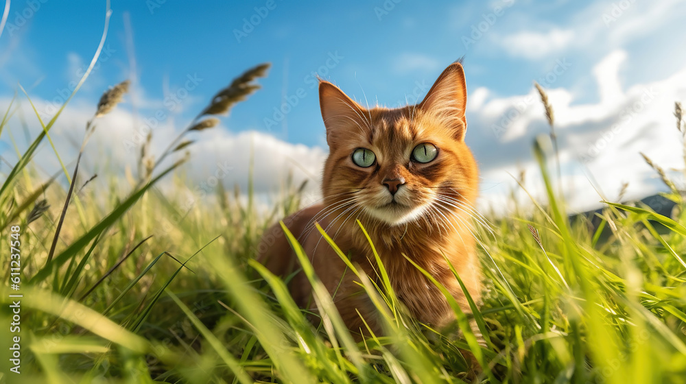 Purebred somali cat in the grass outside. Generative Ai Purebred somali cat in the grass outside. Generative Ai