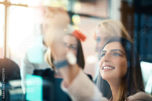 Business people, happy woman and brainstorming on glass with schedule on sticky note, calendar and planning goals. Collaboration, ideas and team writing on window for feedback, agenda and timeline