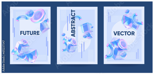 3D shapes background with geometric shapes. Abstract geometric holographic. Decorative holographic shapes poster for social media, polygraphy