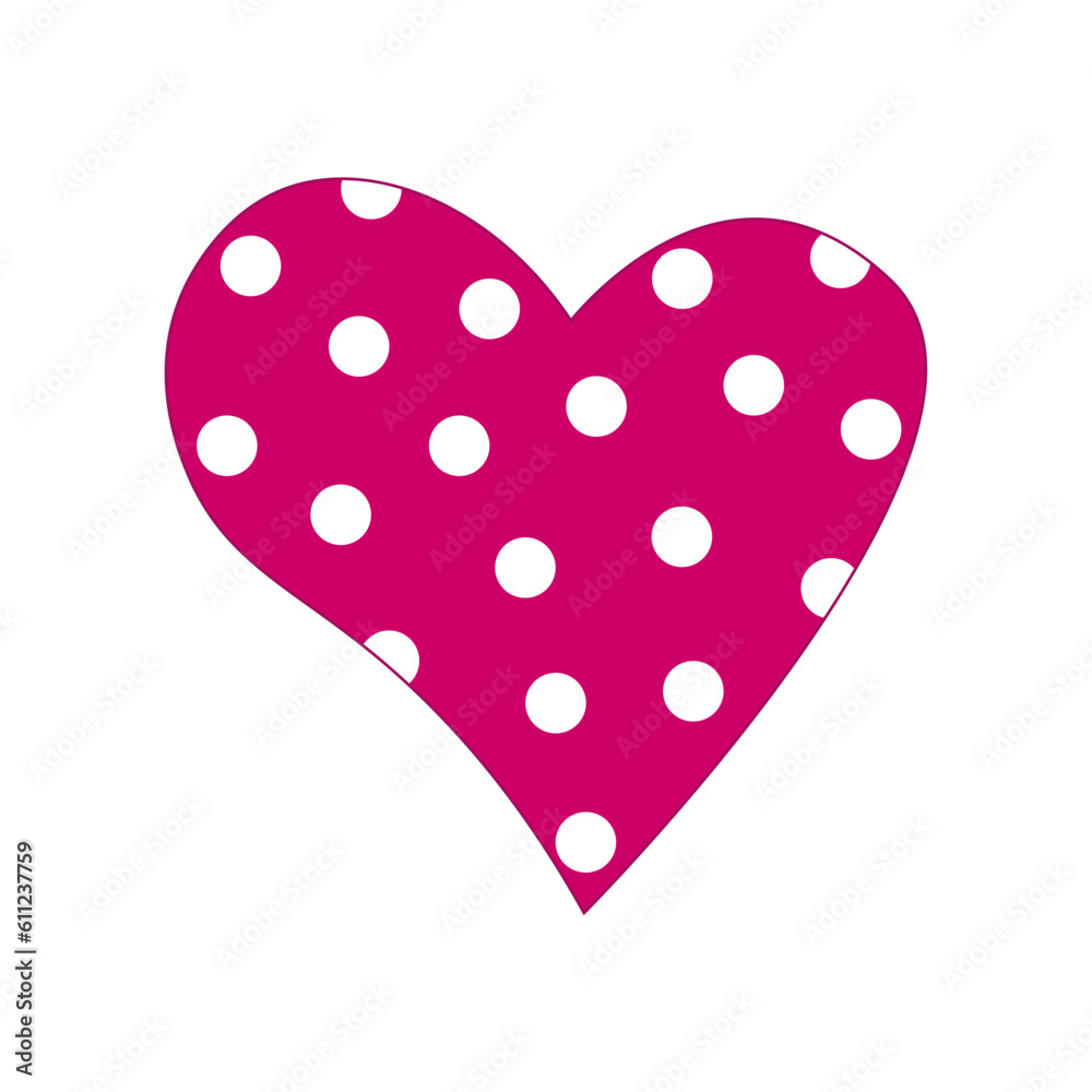 Red heart icon with white polka dots on a transparent and white background. Isolated element for design decoration. Heart with white circles close-up. Vector illustration for birthday, valentine's day
