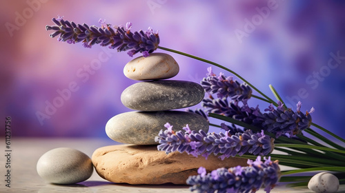 Spa still life with stack of stones and lavenders. Generative Ai