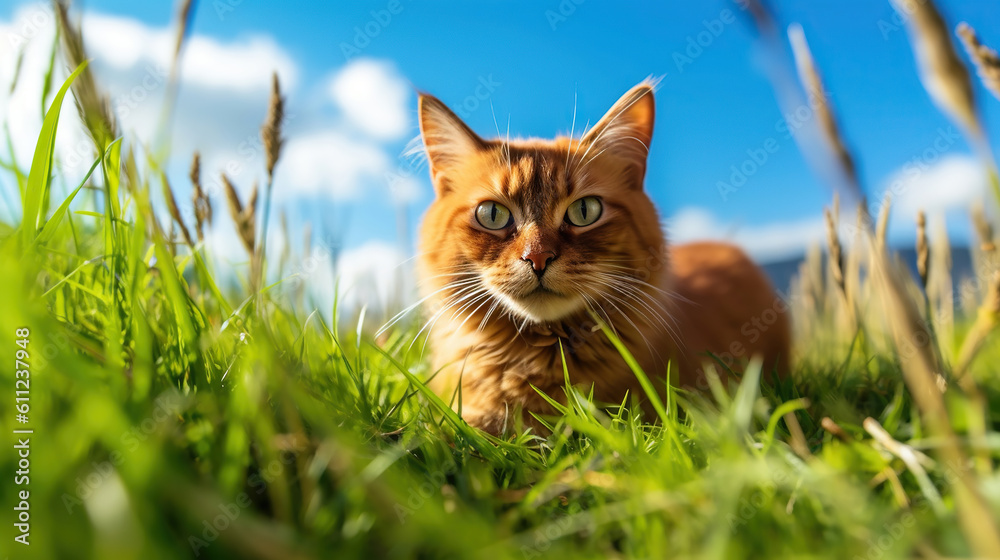 Purebred somali cat in the grass outside. Generative Ai Purebred somali cat in the grass outside. Generative Ai