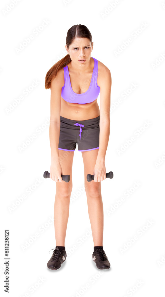Tired woman, portrait and frustrated with dumbbells in workout isolated on a transparent PNG background. Exhausted or active female person or model in burnout from exercise, training or weightlifting Tired woman, portrait and frustrated with dumbbells in workout isolated on a transparent PNG background. Exhausted or active female person or model in burnout from exercise, training or weightlifting