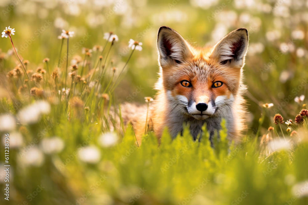 Fototapeta premium Red fox in a meadow covered with flowers. AI generated. Generative AI