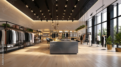 luxury and fashionable brand new interior of cloth store. Generative Ai photo