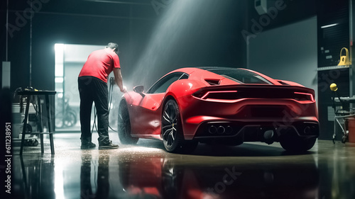 Adult Car Detailer in Uniform Washing a Red Sports Car with a High Pressure Cleaner.   © BlazingDesigns