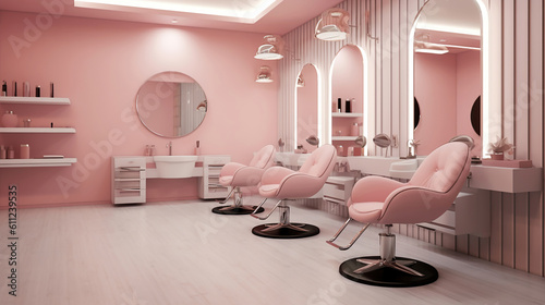 Modern beauty salon with places for makeup artist and hairdresser  big stylish mirrors  pink interior. Generative Ai