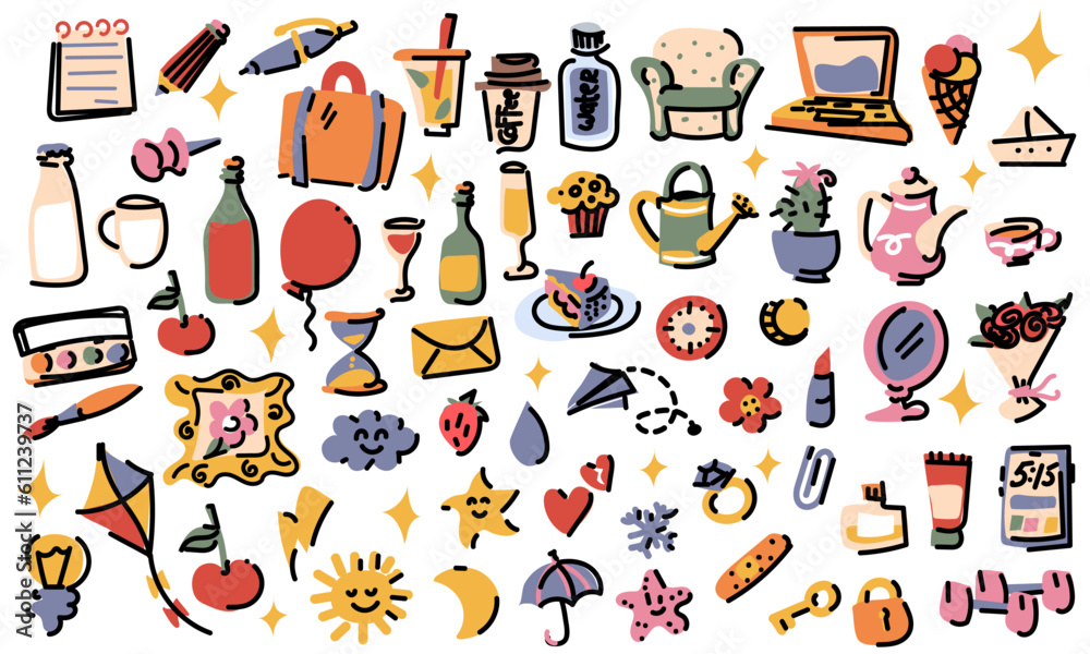 A set of cute little stickers with stylish illustrations. Fashionable cozy interior elements, plants, animals and fashion items. Perfect for social media posts, stickers, postcards. Elements isolated A set of cute little stickers with stylish illustrations. Fashionable cozy interior elements, plants, animals and fashion items. Perfect for social media posts, stickers, postcards. Elements isolated