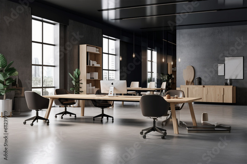  an office with wood desks and glass walls, in the style of high detailed, grey academia, wood, photo-realistic landscapes, vintage minimalism, light silver and light brown