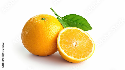 Orange fruit with slice and leaves isolated on white background. Generative Ai