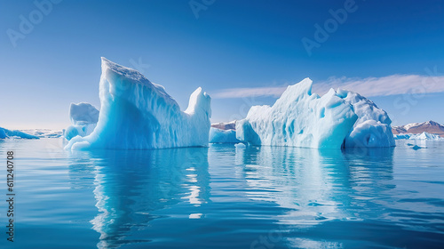 Icebergs floating. Ices and icebergs. Glacier lagoon. Greenland iceberg. Generative Ai