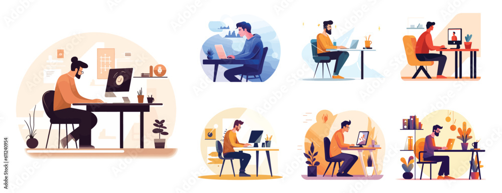 Person in front of computer working character illustration Person in front of computer working character illustration