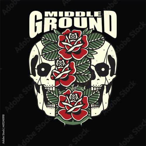 skull split by beauty rose thorns vector design illustration for t-shirt