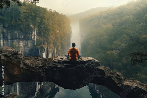 Hipster man sitting on the edge of a cliff and looking at the river